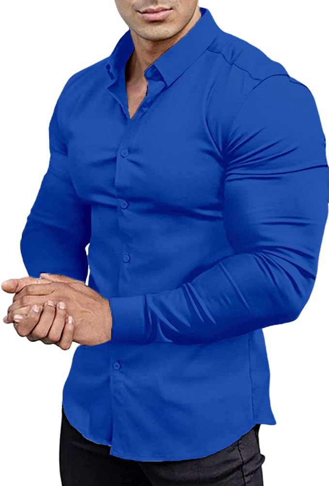 Men’s Muscle Fit Dress Shirts Athletic Slim Fit Long Sleeve Stretch Casual Button Down Shirt