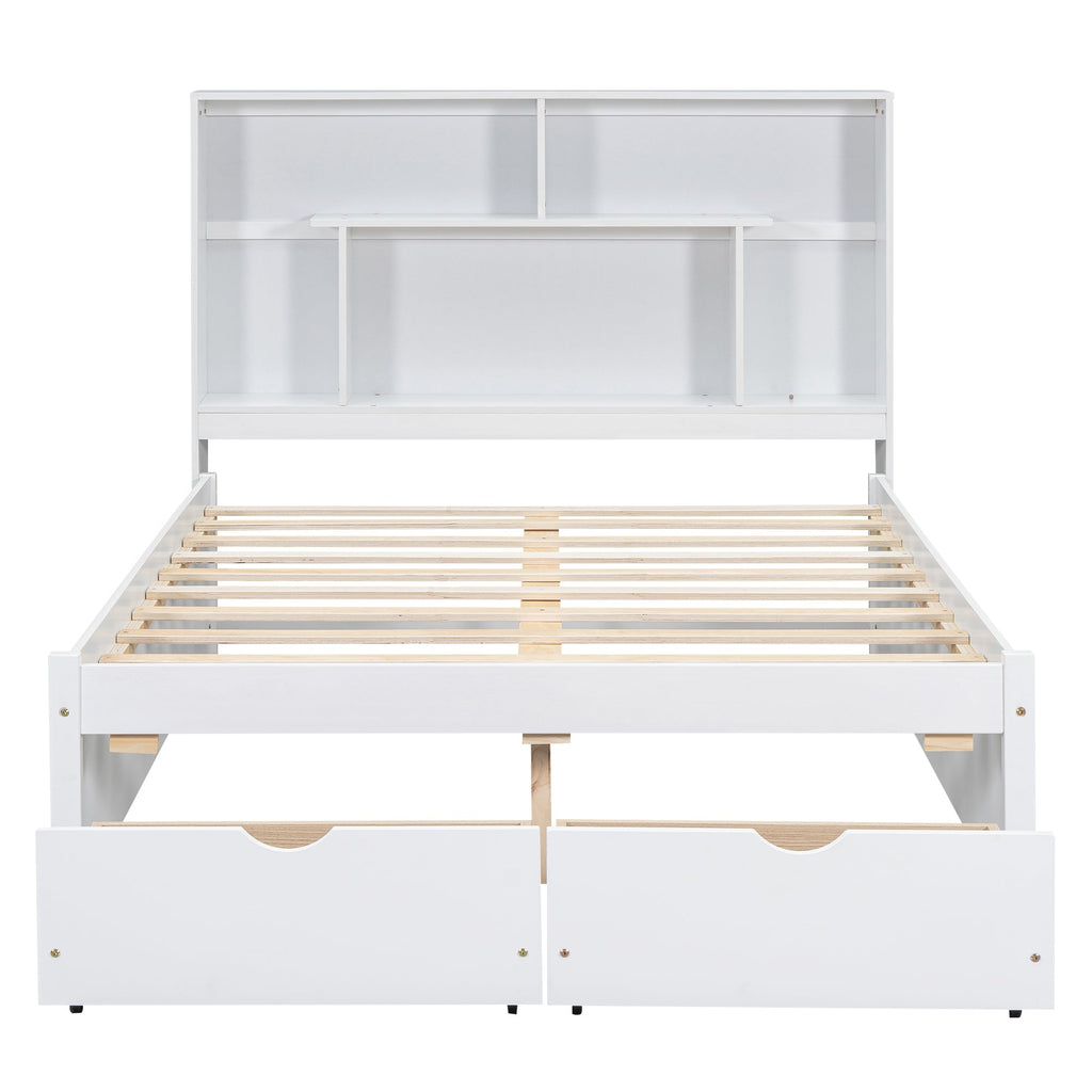 Full Size Platform Bed with Storage Headboard and 2 Drawers, White