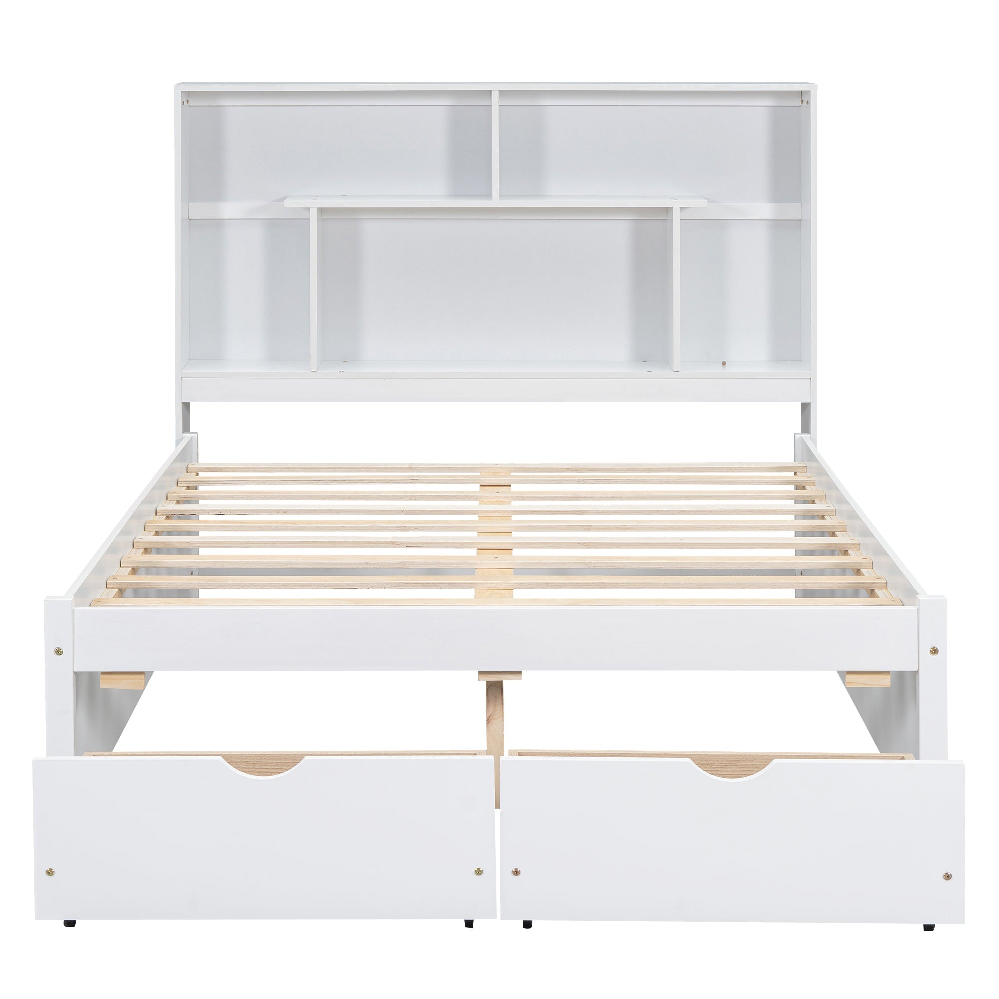 Full Size Platform Bed with Storage Headboard and 2 Drawers, White
