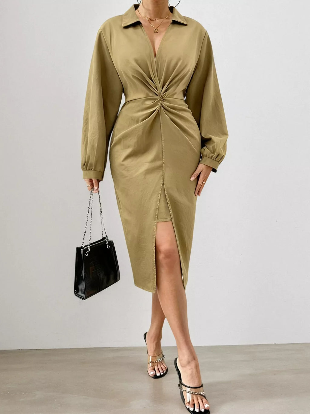 Twist Front Split Midi Dress