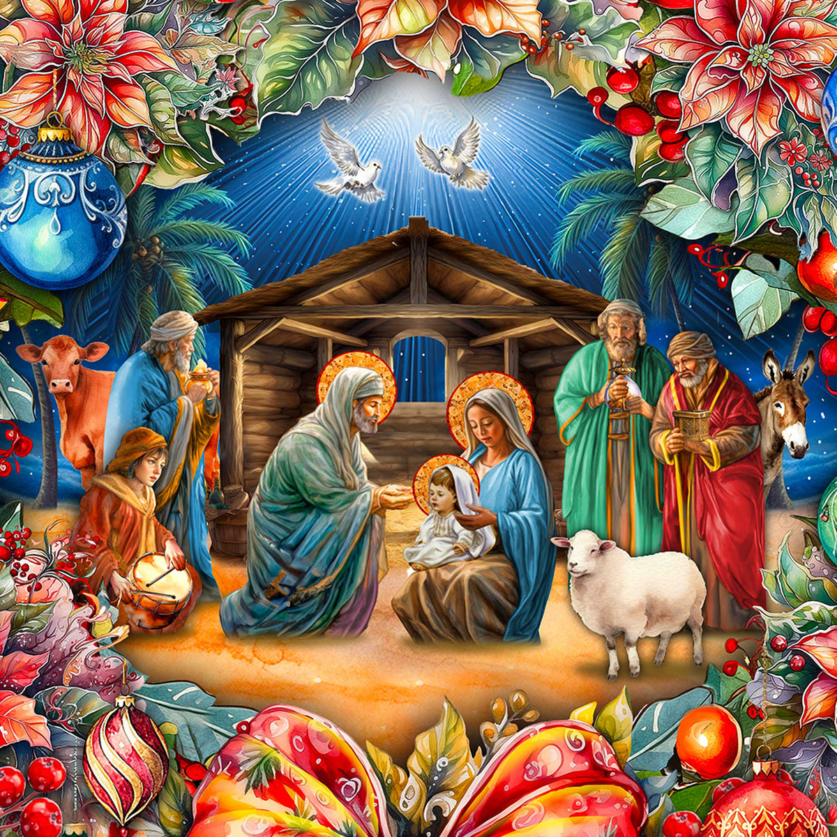 Nativity Wreath Outdoor Indoor Decor Wooden Christmas Decoration by G. Debrekht - Christmas Decor - 8652805F