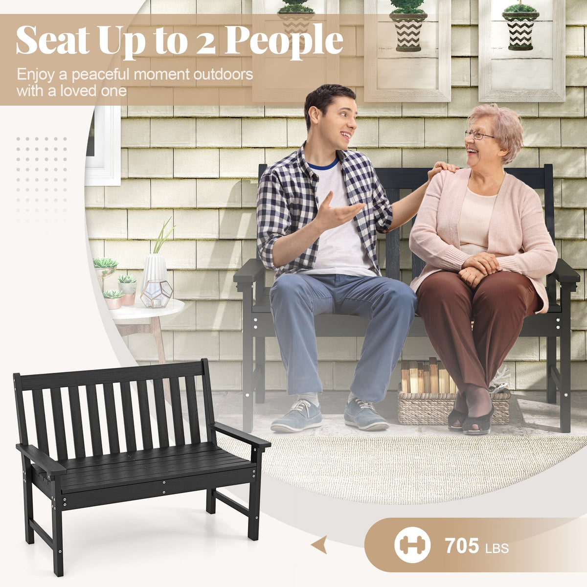 52 Inch All-Weather HDPE Outdoor Bench with Backrest and Armrests