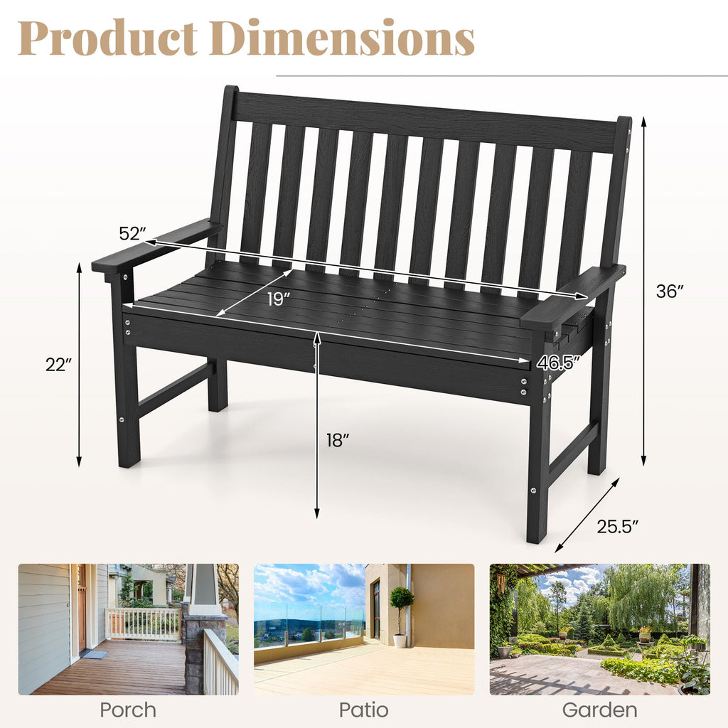 52 Inch All-Weather HDPE Outdoor Bench with Backrest and Armrests