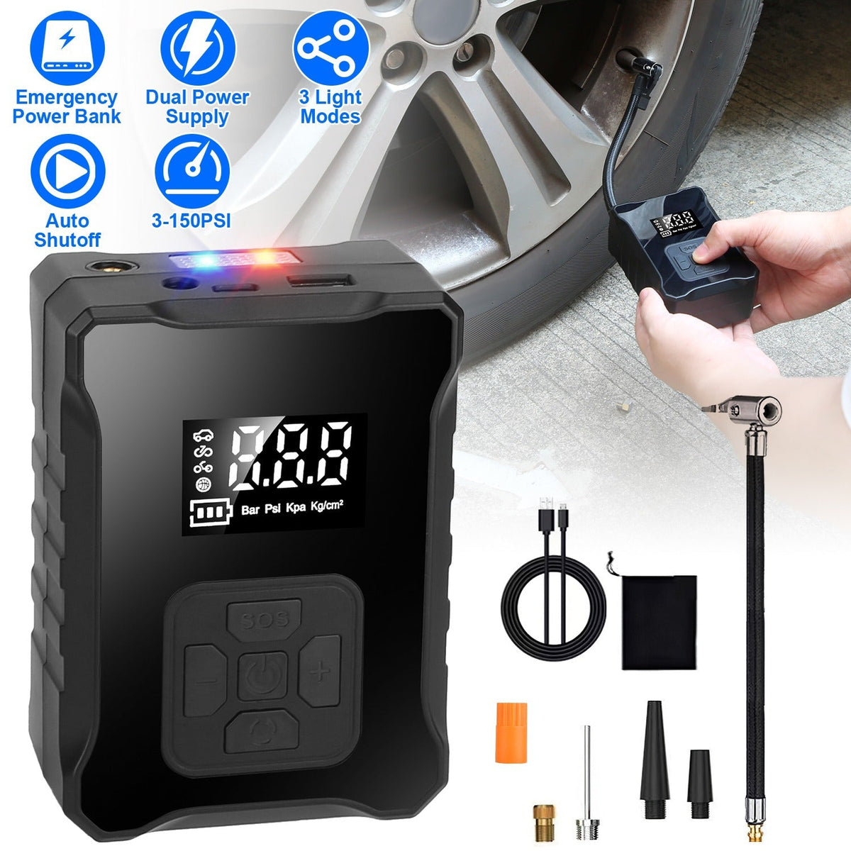 150PSI Cordless Tire Inflator Digital Air Compressor with LED Light Emergency Power Bank for Cars Motorcycles Bicycles Balls