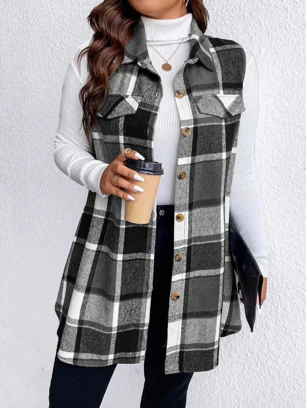 Pocketed Plaid Button Up Vest Coat