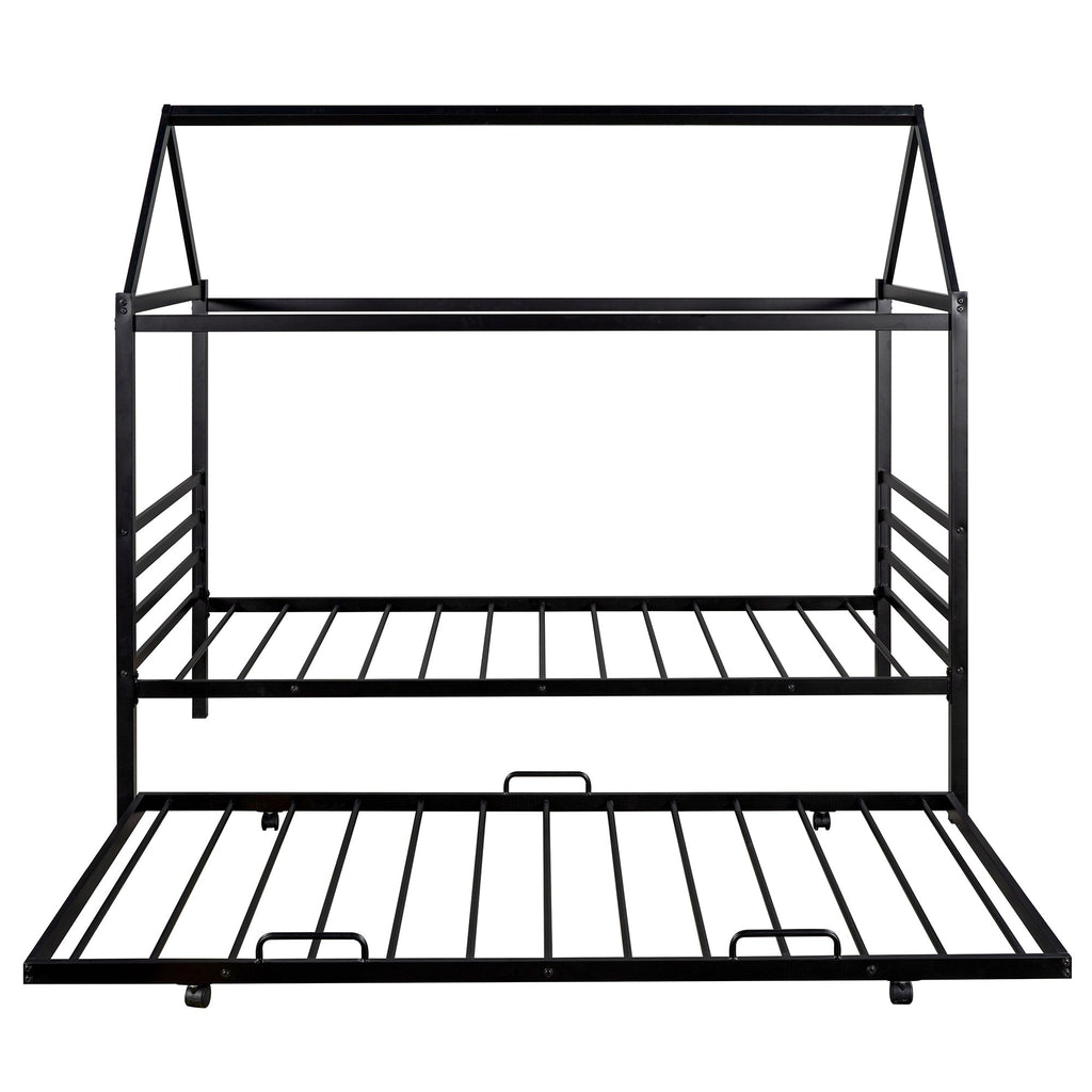 Twin Size Metal House Shape Platform Bed with Trundle Black