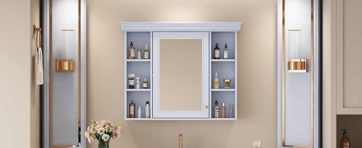 35'' x 28'' Blue Wall Mounted Bathroom Storage Cabinet with Mirror Door, Modern Bathroom Wall Cabinet with Mirror