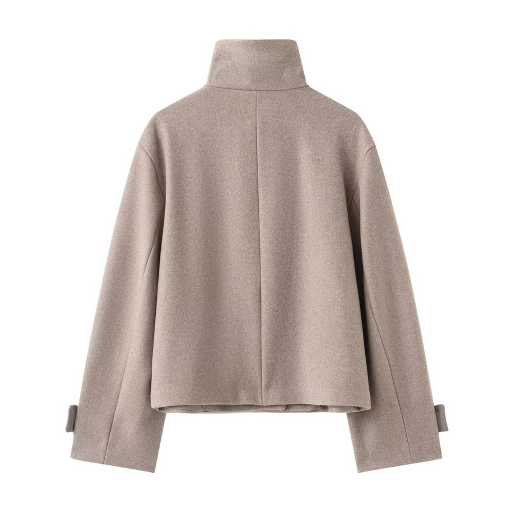Womens Solid-Color Casual Stand-Collar Jacket With Buttons