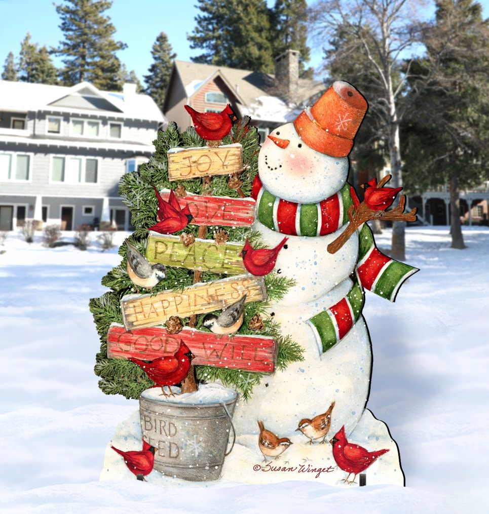 Joy Love and Peace Snowman Christmas Outdoor Scene by Susan Winget - Christmas Santa Snowman Decor - 8471108F-SW