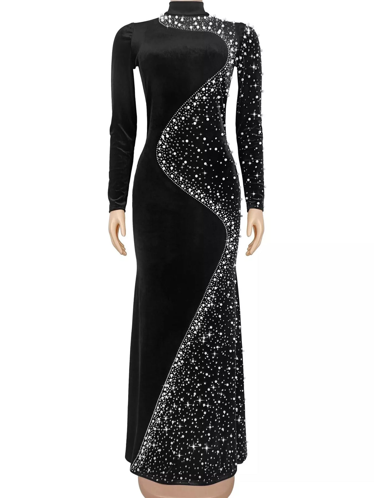 Rhinestone Embellished Velvet Mermaid Evening Maxi Dress
