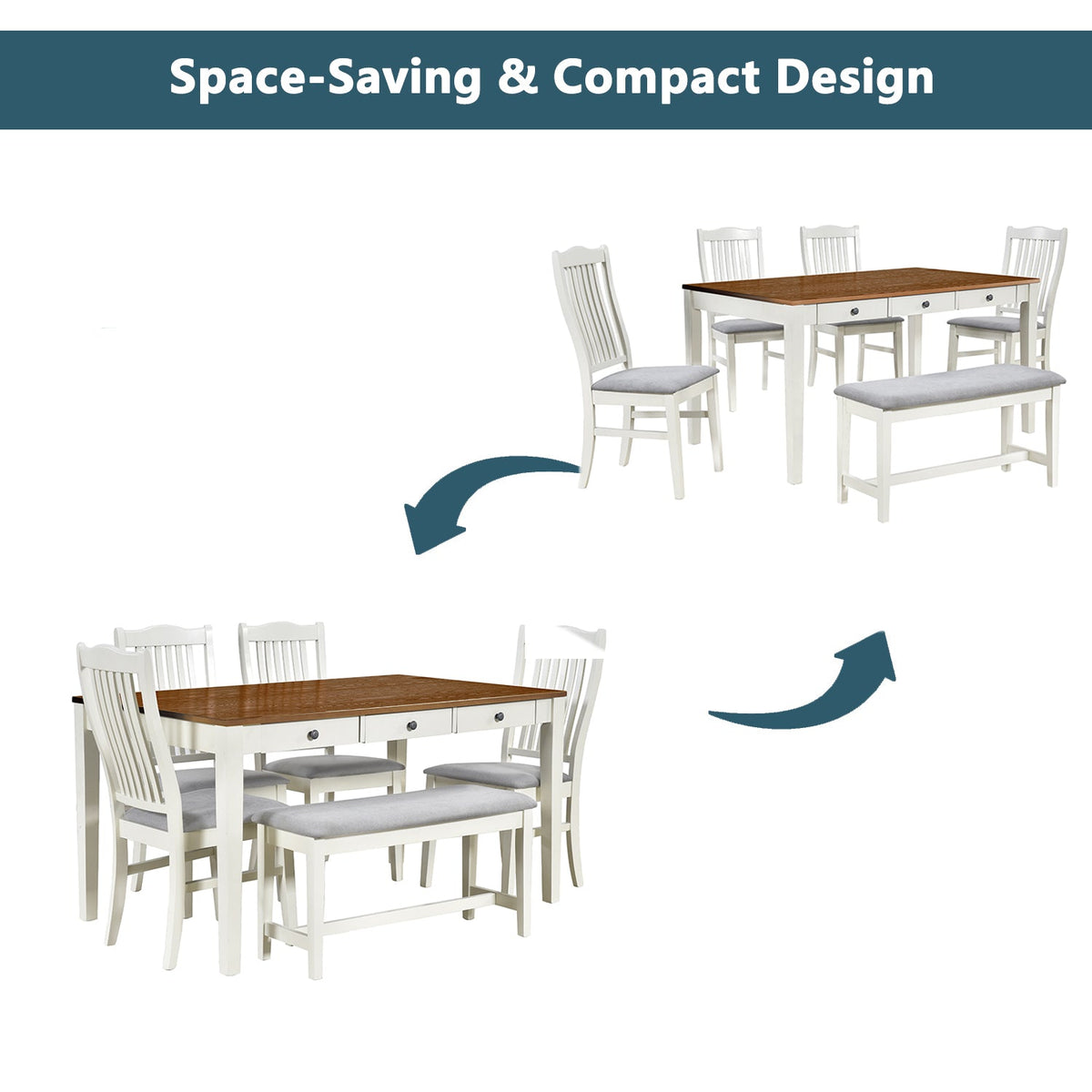 TOPMAX Mid-Century 6-Piece Wood Dining Table Set, Kitchen Table Set with Drawer  Upholstered Chairs and Bench  Butter Milk