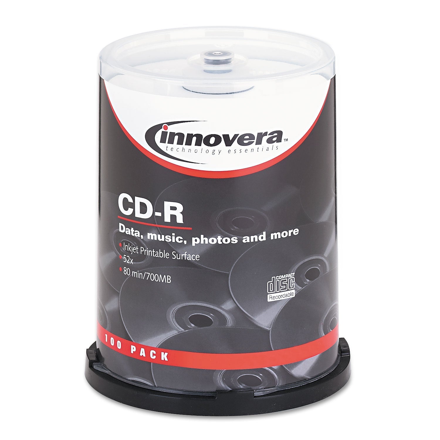 Innovera CD-R Inkjet Printable Recordable Disc, 700 MB/80 min, 52x, Spindle, Matte White, 100/Pack
