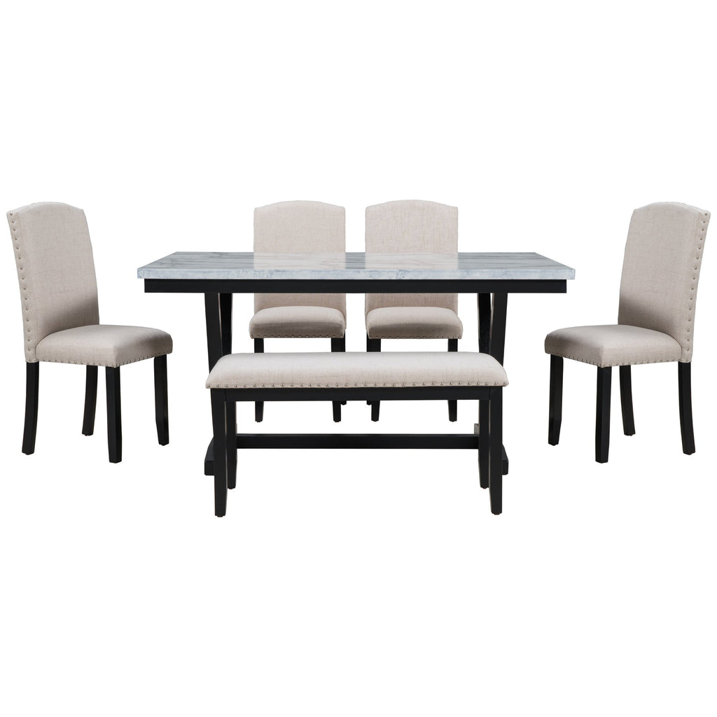 TREXM Modern Style 6-piece Dining Table with 4 Chairs & 1 Bench (White)