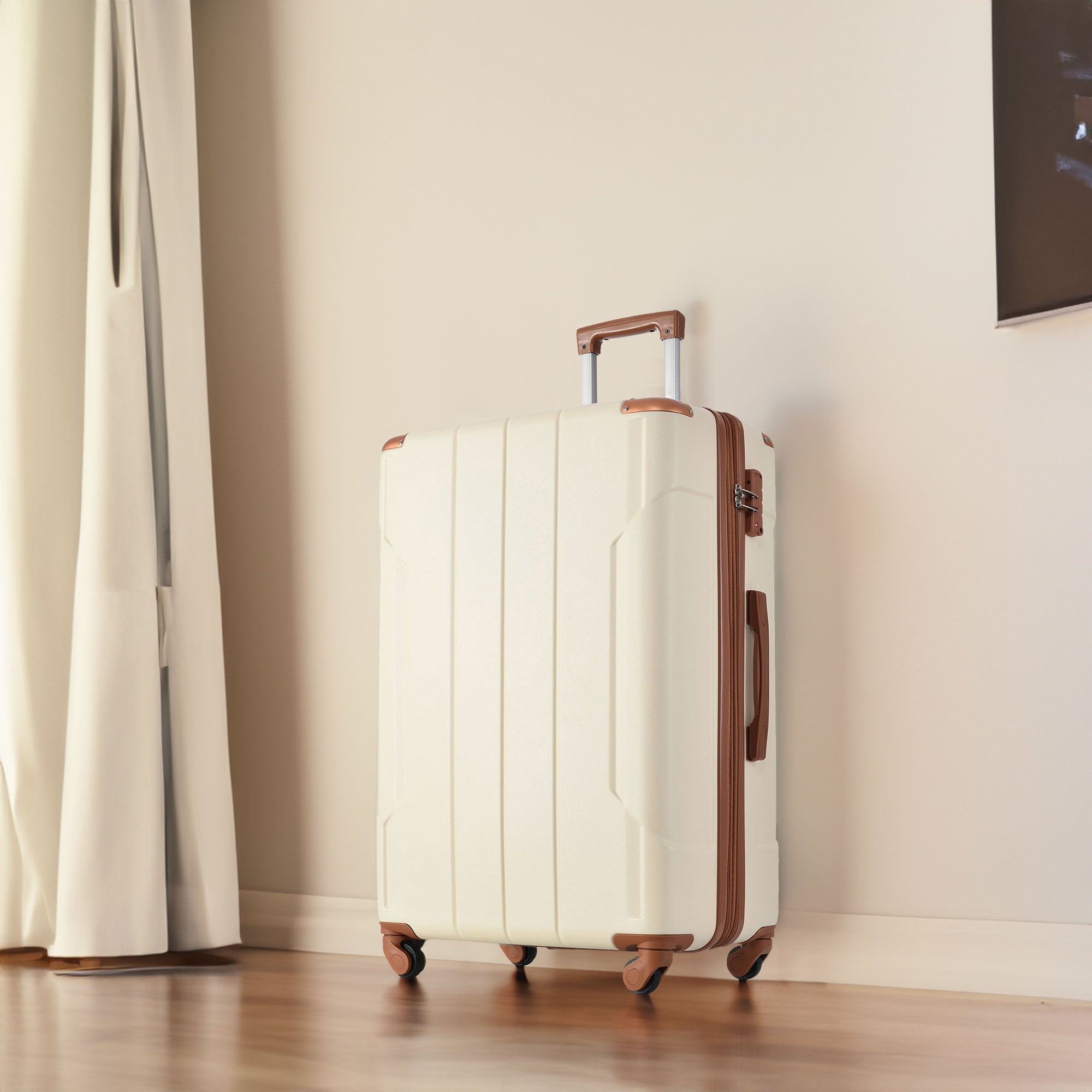 Hardshell Luggage Sets 3 Pcs Spinner Suitcase with TSA Lock Lightweight 20''24''28'' Brown white + ABS
