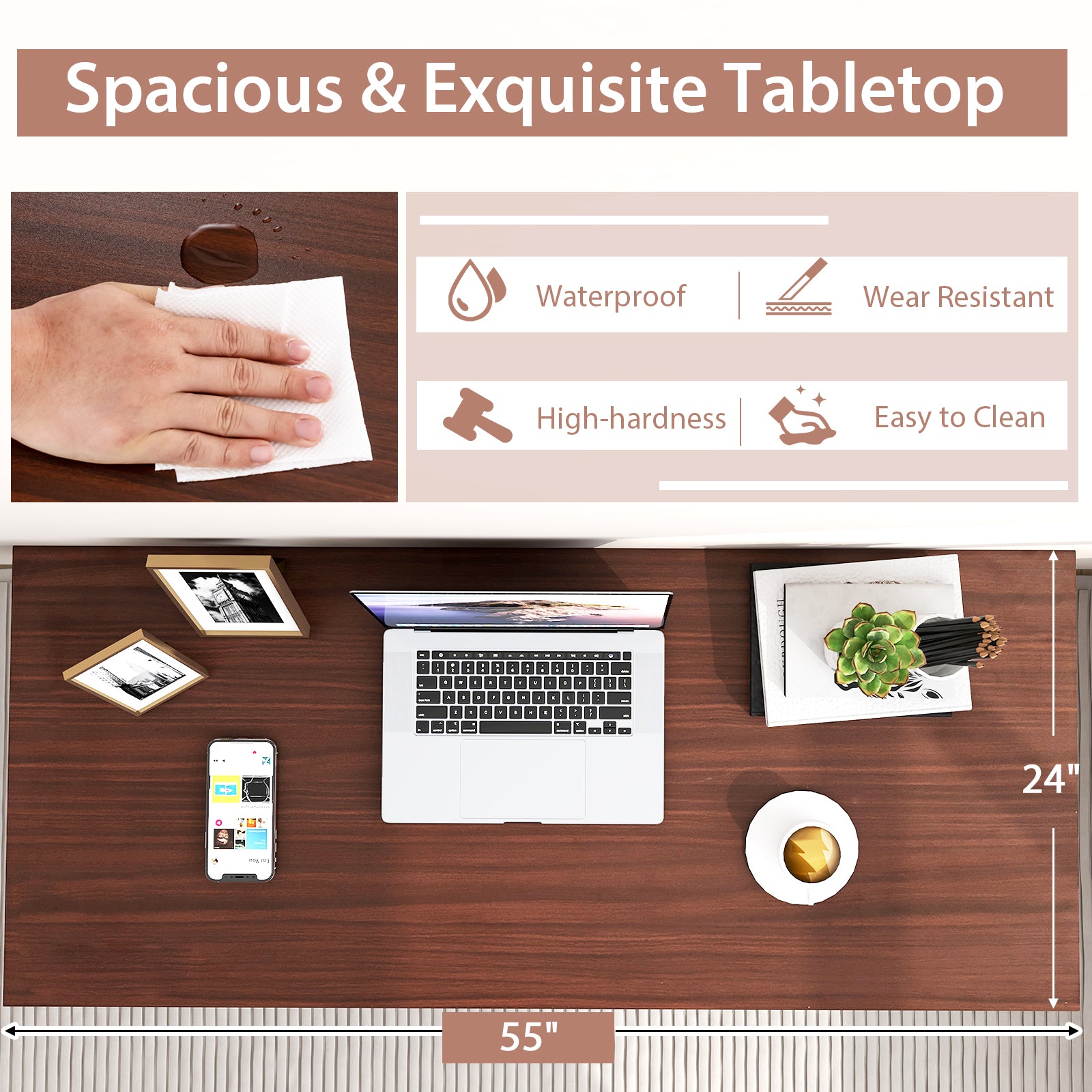 55 Inch Conference Table with Heavy-duty Metal Frame-Brown