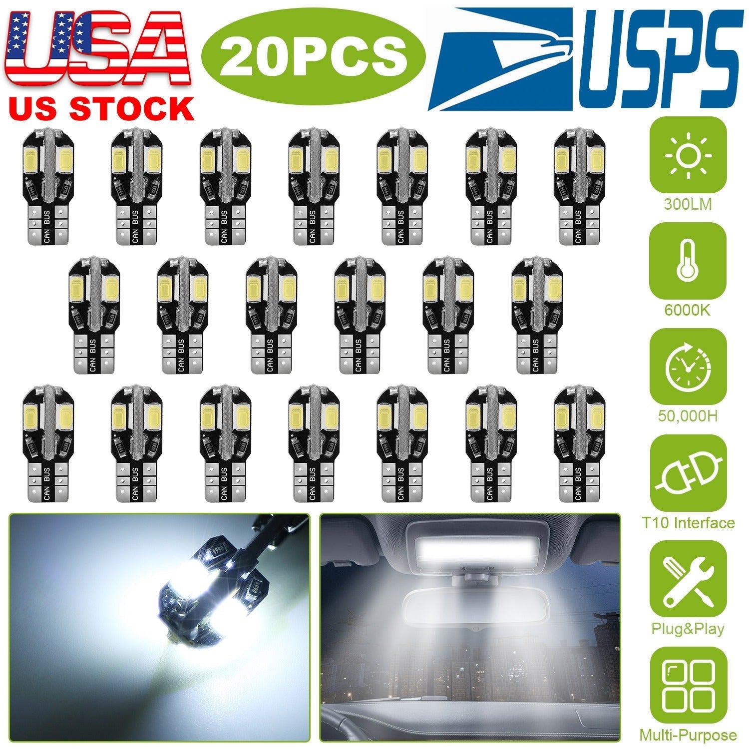 20Pcs T10 SMD5730 LED Light Bulbs 6000K Wedge Light Lamps Dome Map License Plate Car Interior Festoon Lights Kits