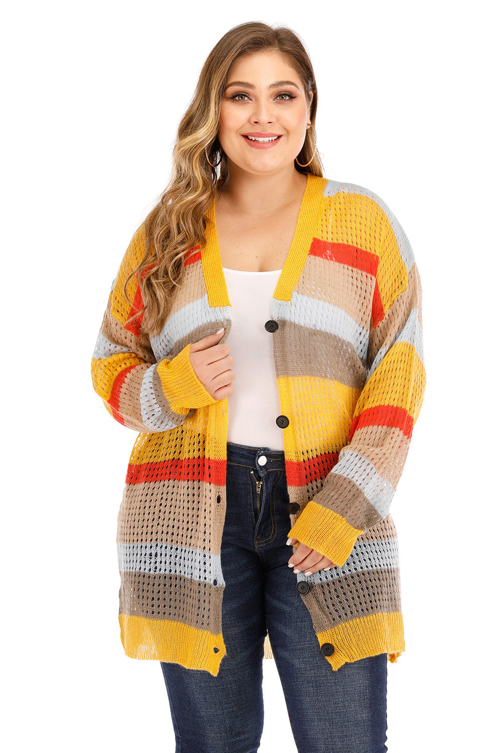 Openwork Color Block Button Up Cardigan