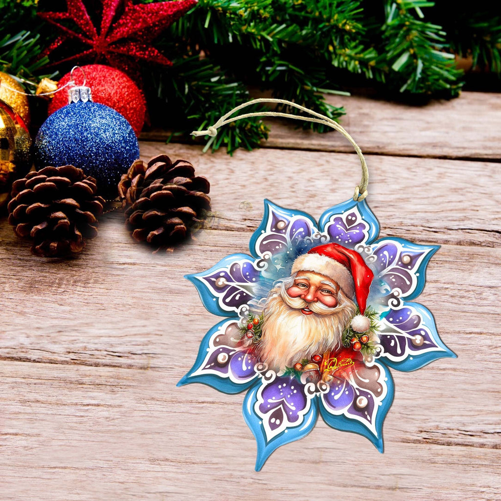 Smiling Santa Snowflake Large Wooden Ornament by G. Debrekht - Christmas Santa Snowman Decor - 8688423M