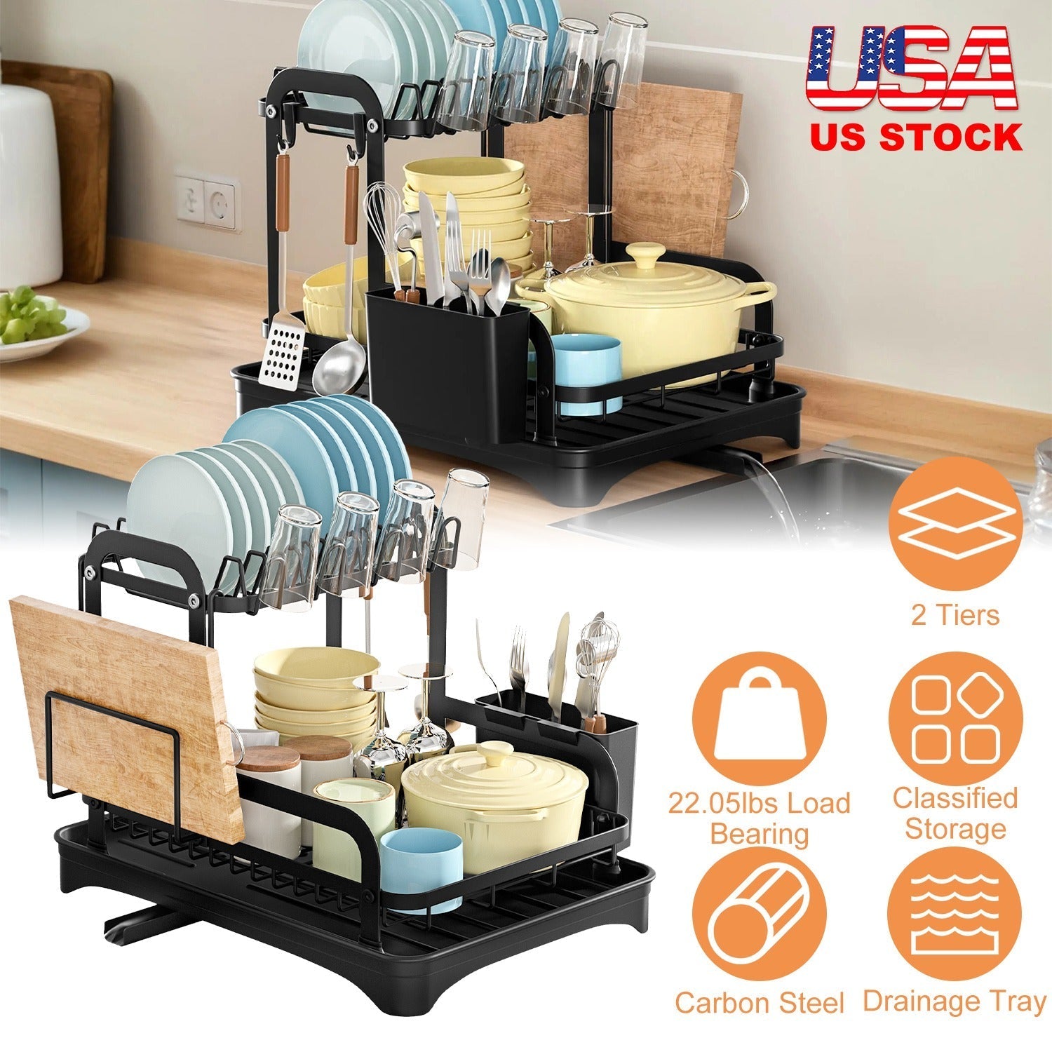 2-Tier Dish Drying Rack for Kitchen Counter Space Saving Rustproof Dish Rack with Drainboard Detachable Kitchen Drainer Organizer Set with Utensil Hol