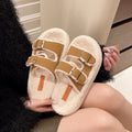 New Plus Size Platform Furry Slippers For Export, Single Strap With Buckle, Fleece Lined Thick Plush Warm Slides For Indoor & Outdoor Use