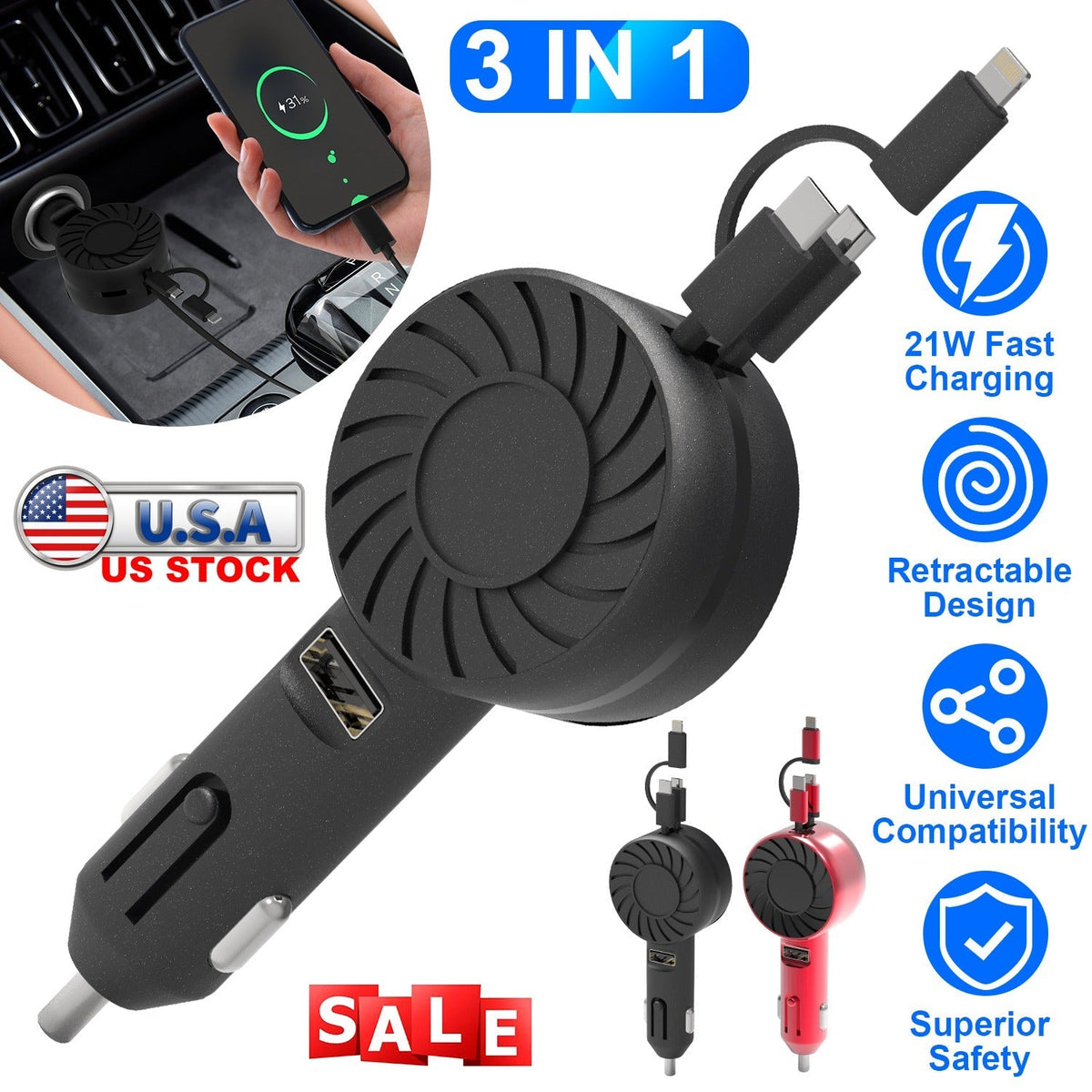 21W 3 In 1 Retractable Car Charger Fast Car Charger Mini Car Phone Charger with USB Port Type-C Cable LT & Micro Cable Fit For IOS Phone 15/14/13 And