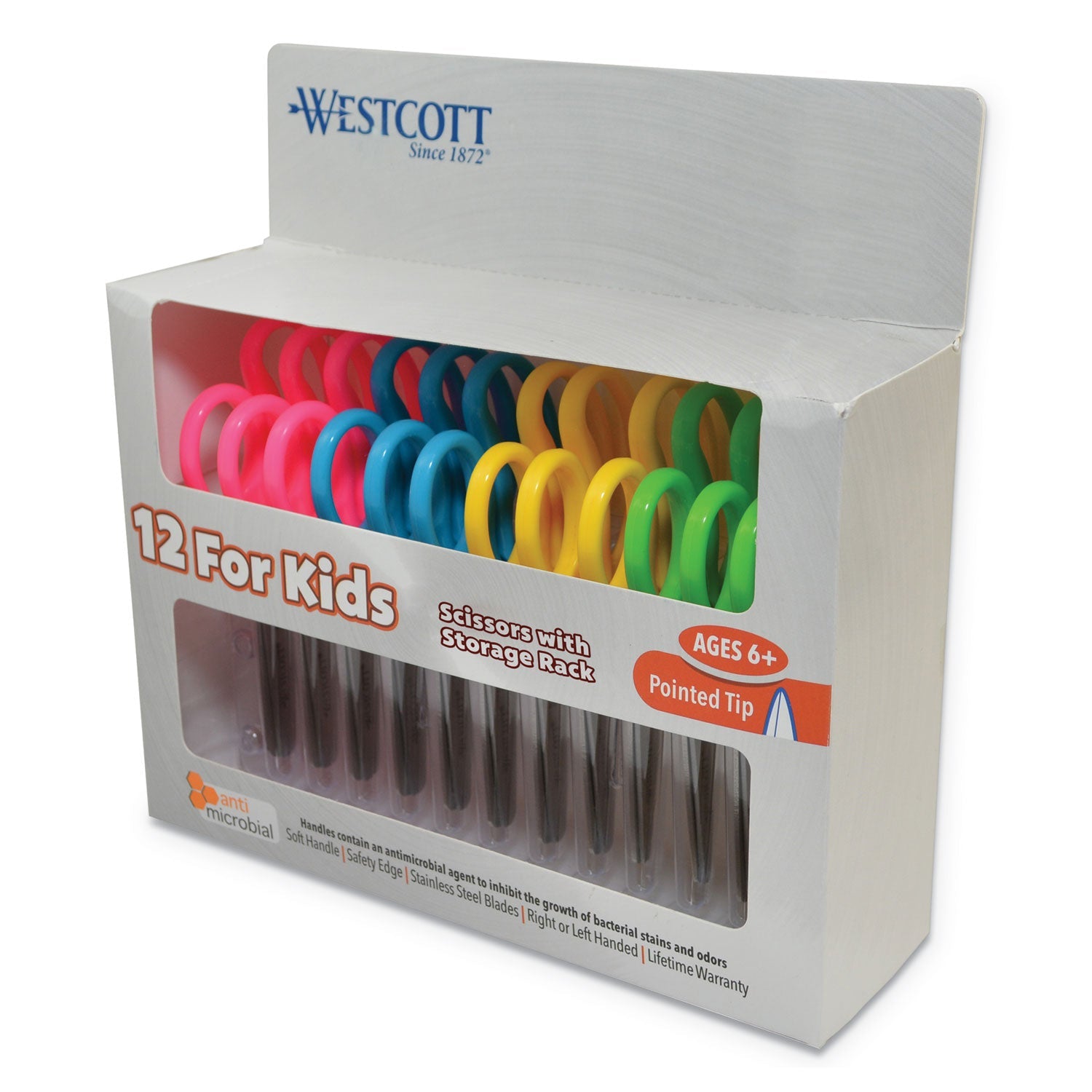 Westcott Kids' Scissors with Antimicrobial Protection, Pointed Tip, 5" Long, 2" Cut Length, Assorted Straight Handles, 12/Pack