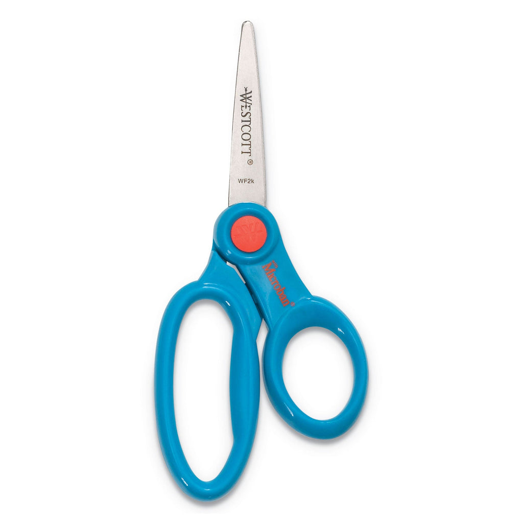 Westcott Kids' Scissors with Antimicrobial Protection, Pointed Tip, 5" Long, 2" Cut Length, Assorted Straight Handles, 12/Pack