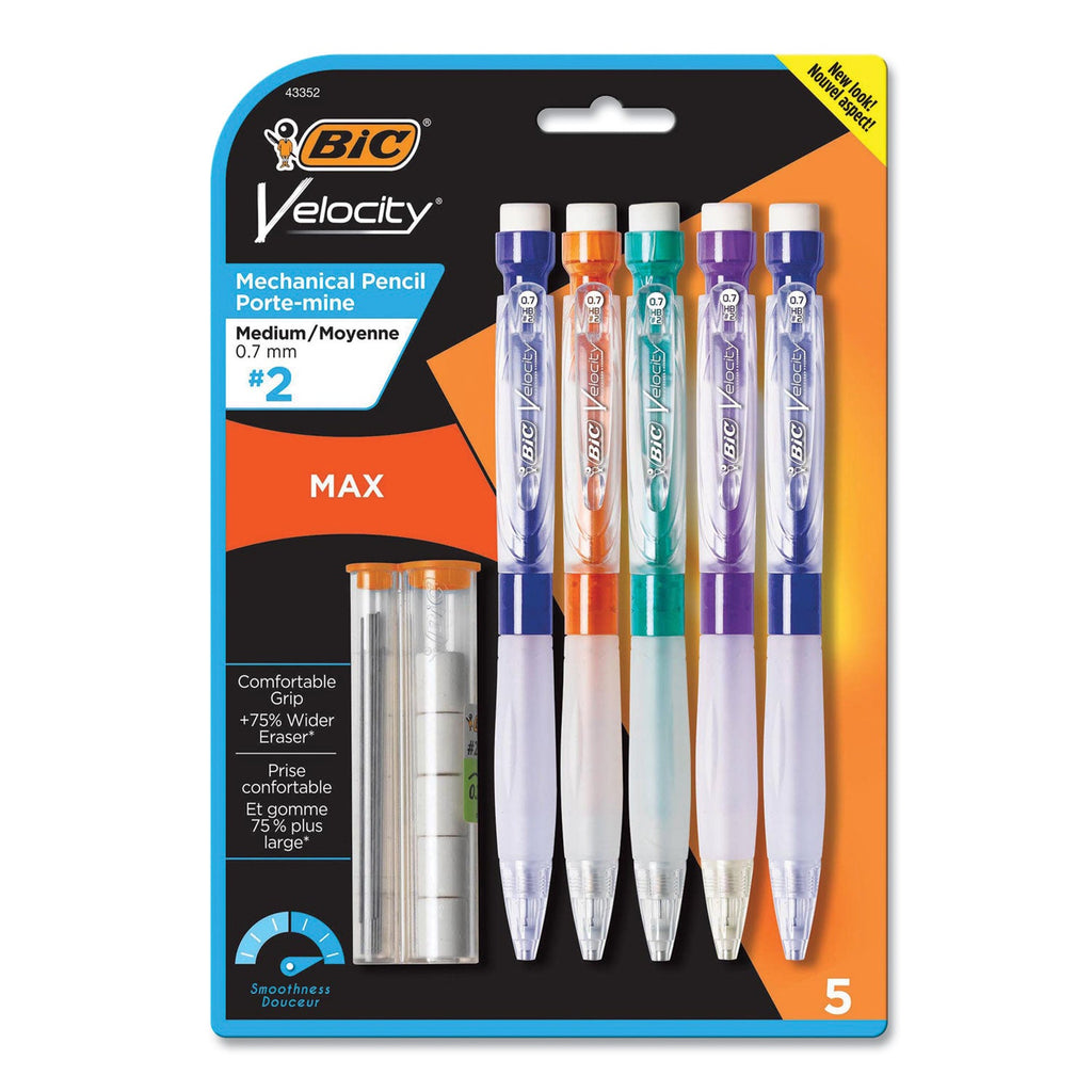 BIC Velocity Max Pencil, 0.7 mm, HB (#2), Black Lead, Assorted Barrel Colors, 5/Pack