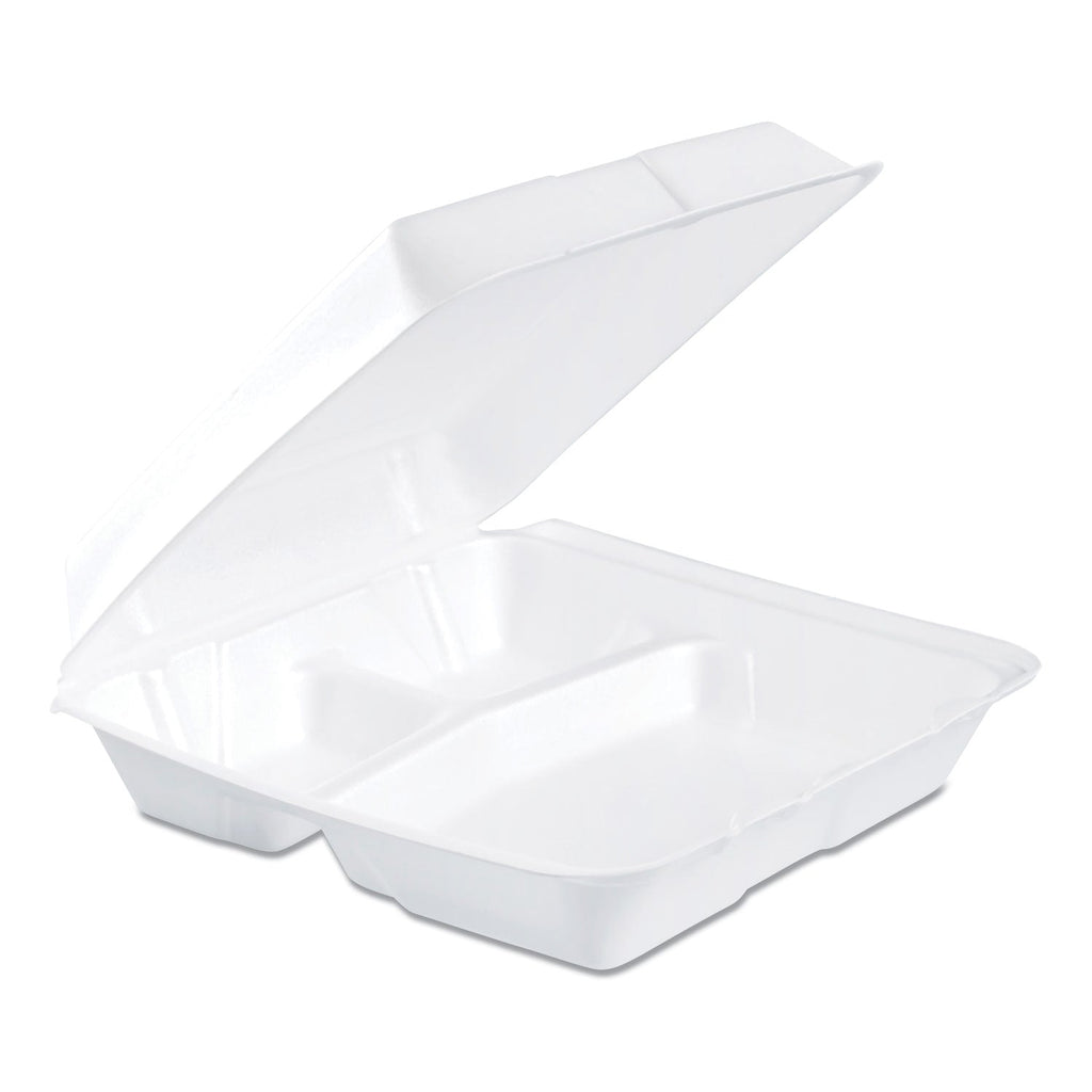 Dart Foam Hinged Lid Containers, 3-Compartment, 9.25 x 9.5 x 3, White, 200/Carton