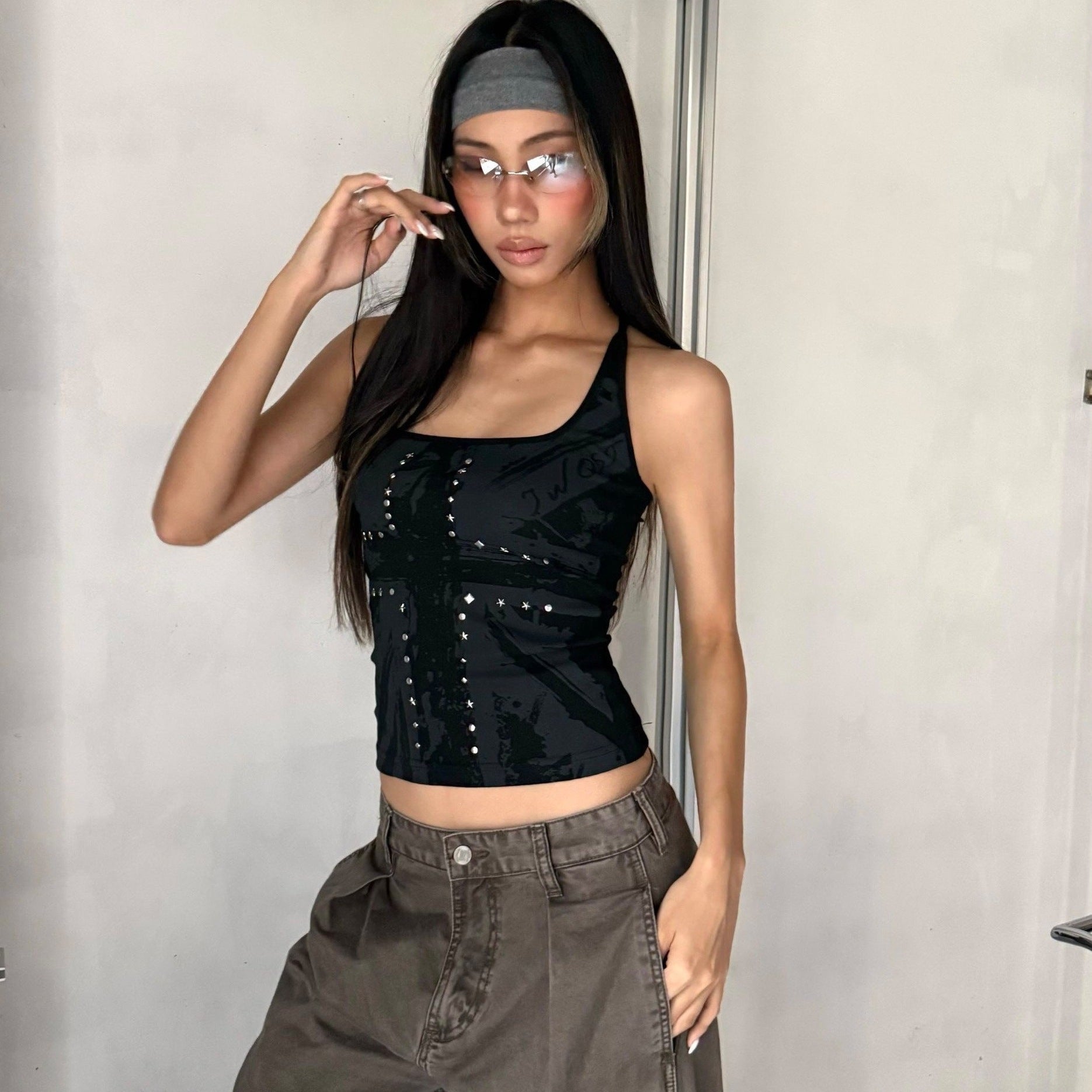 Cross-printed Studded Halter Vest Figure-hugging Sexy Sleeveless Top