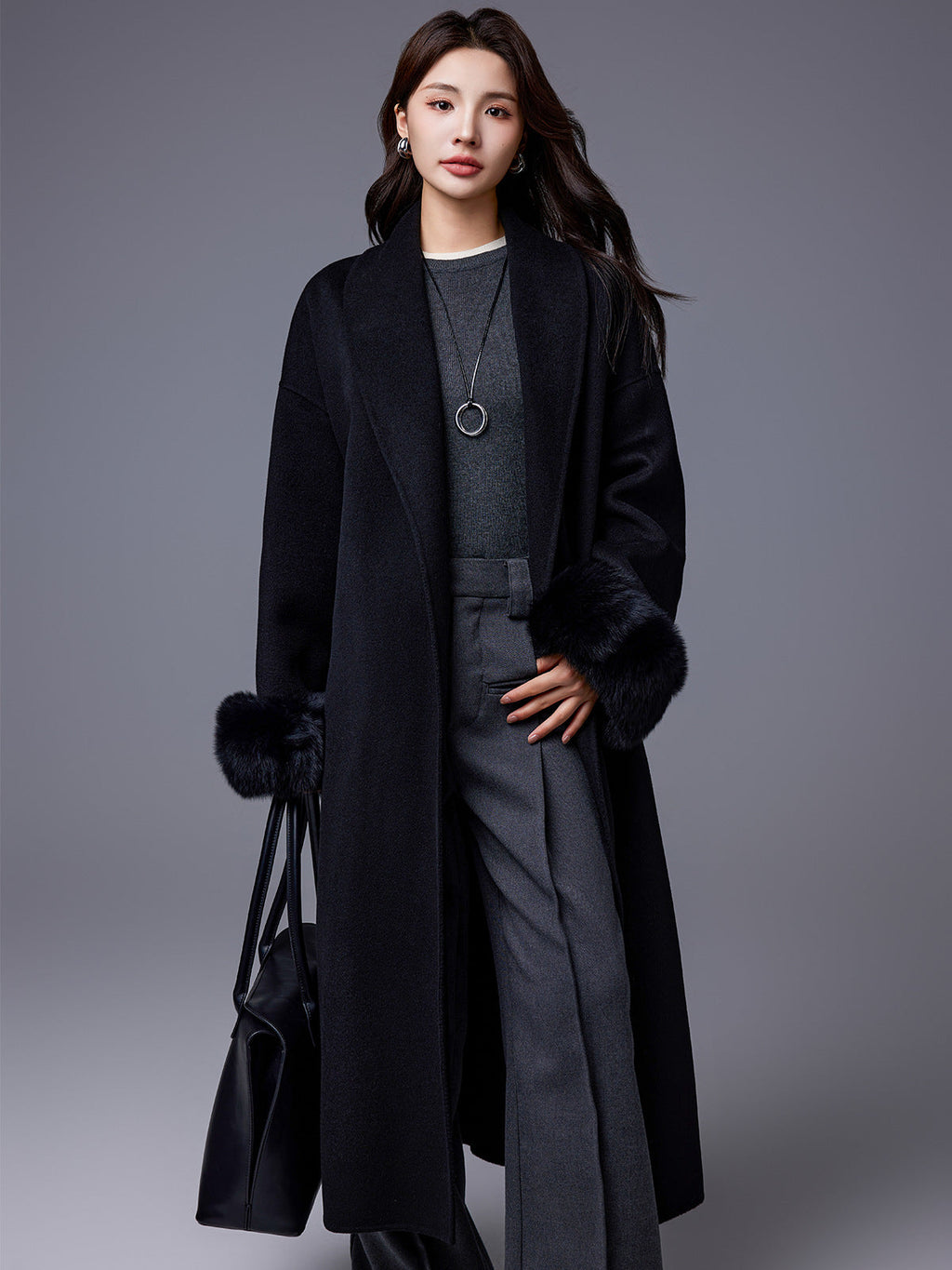 Thickened Coat With Fox-fur Sleeves Womens Belted Wool Blend
