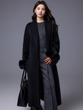 Thickened Coat With Fox-fur Sleeves Womens Belted Wool Blend
