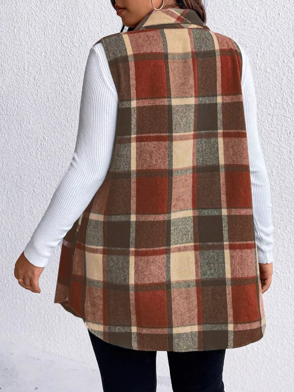Pocketed Plaid Button Up Vest Coat