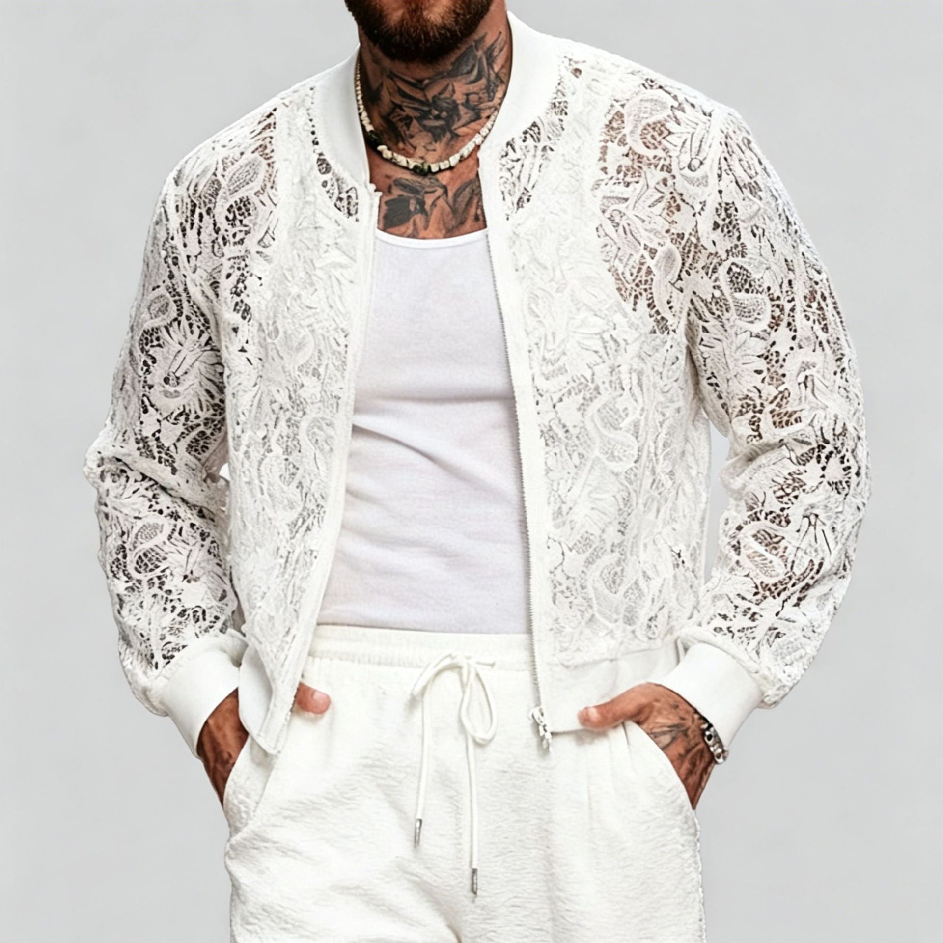 Mens Lace-See-Through Long-Sleeve Aviator Jacket