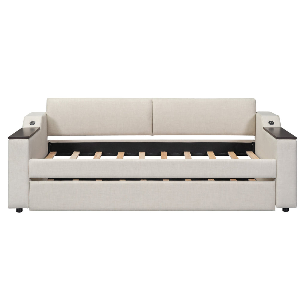 Twin Size Upholstery Daybed with Storage Arms  Trundle and USB Design Beige