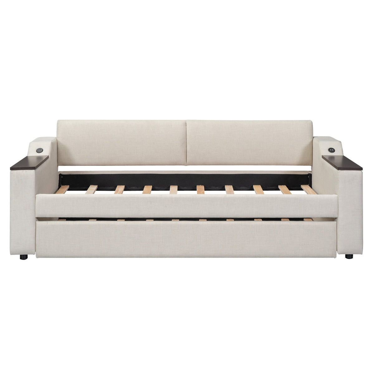 Twin Size Upholstery Daybed with Storage Arms  Trundle and USB Design Beige