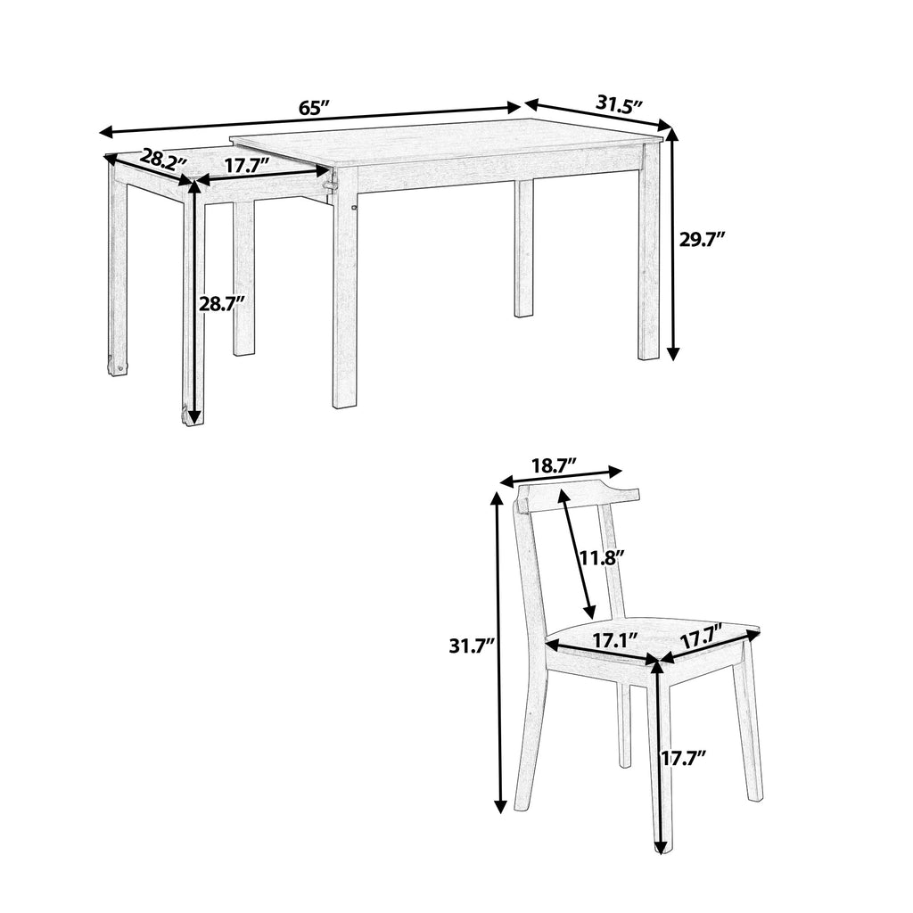 TOPMAX 65 "5-piece set with wheels, expandable dining table set, 17.7" pull-out side table and small dining chairs, natural
