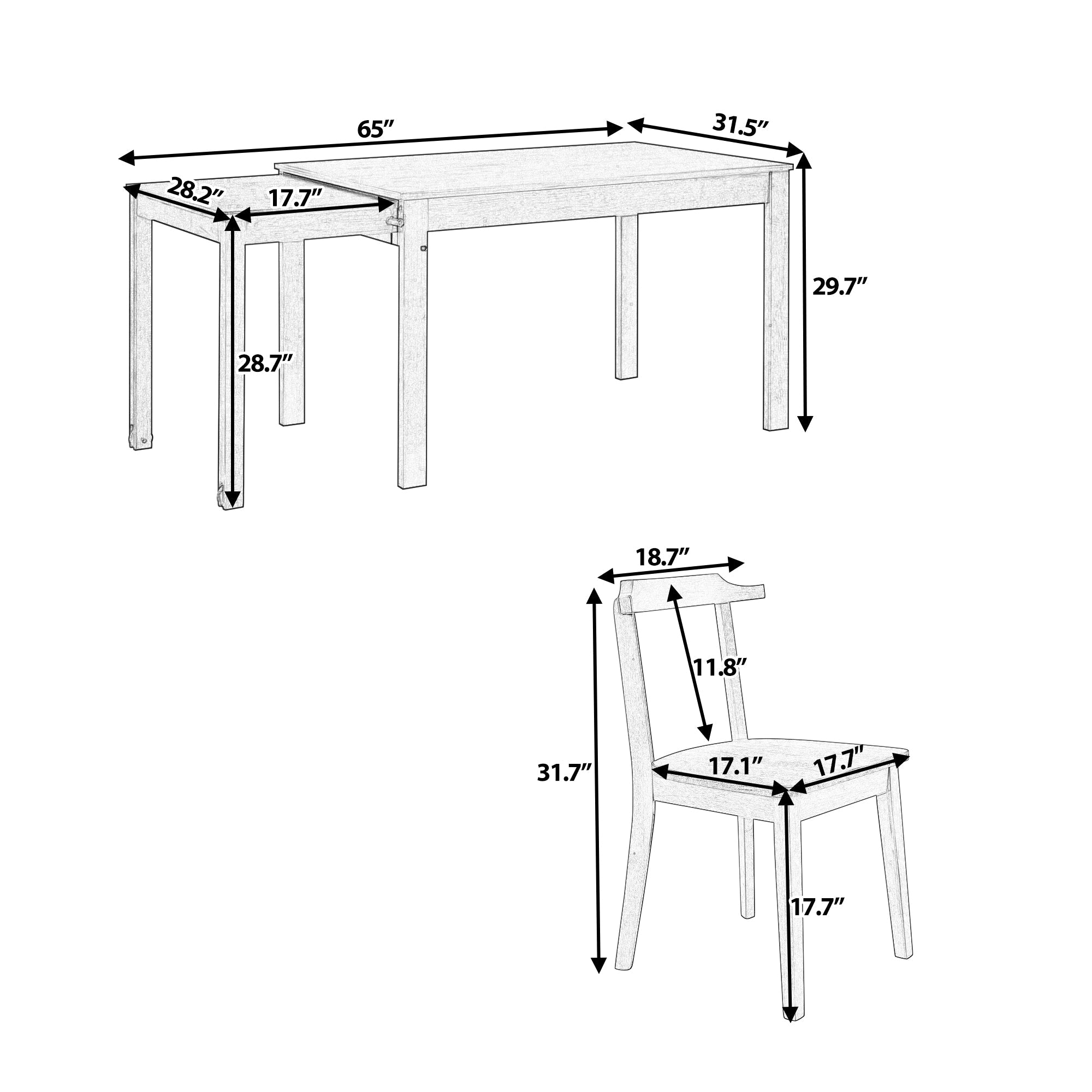 TOPMAX 65 "5-piece set with wheels, expandable dining table set, 17.7" pull-out side table and small dining chairs, natural