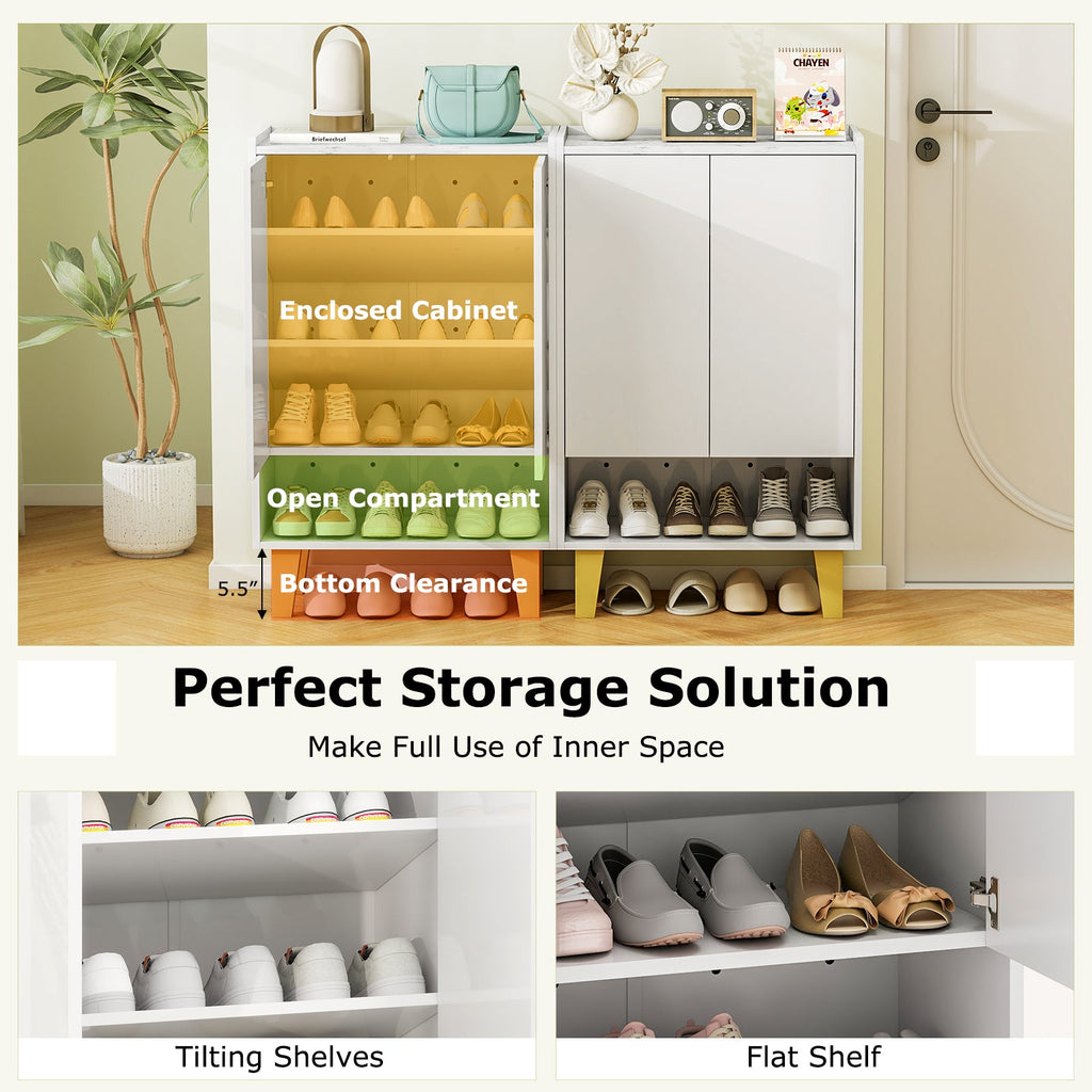 5-Tier Shoe Cabinet with Faux Marble Countertop and Flat Tilting Shelves-White