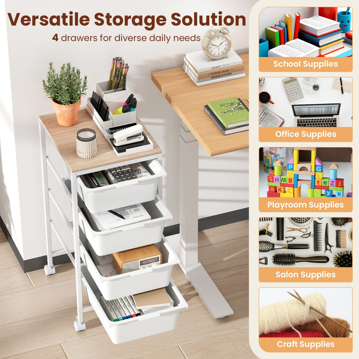 5-Drawer Rolling Storage Cart Mobile Utility Organizer with Wooden Tabletop and Lockable Wheels-White