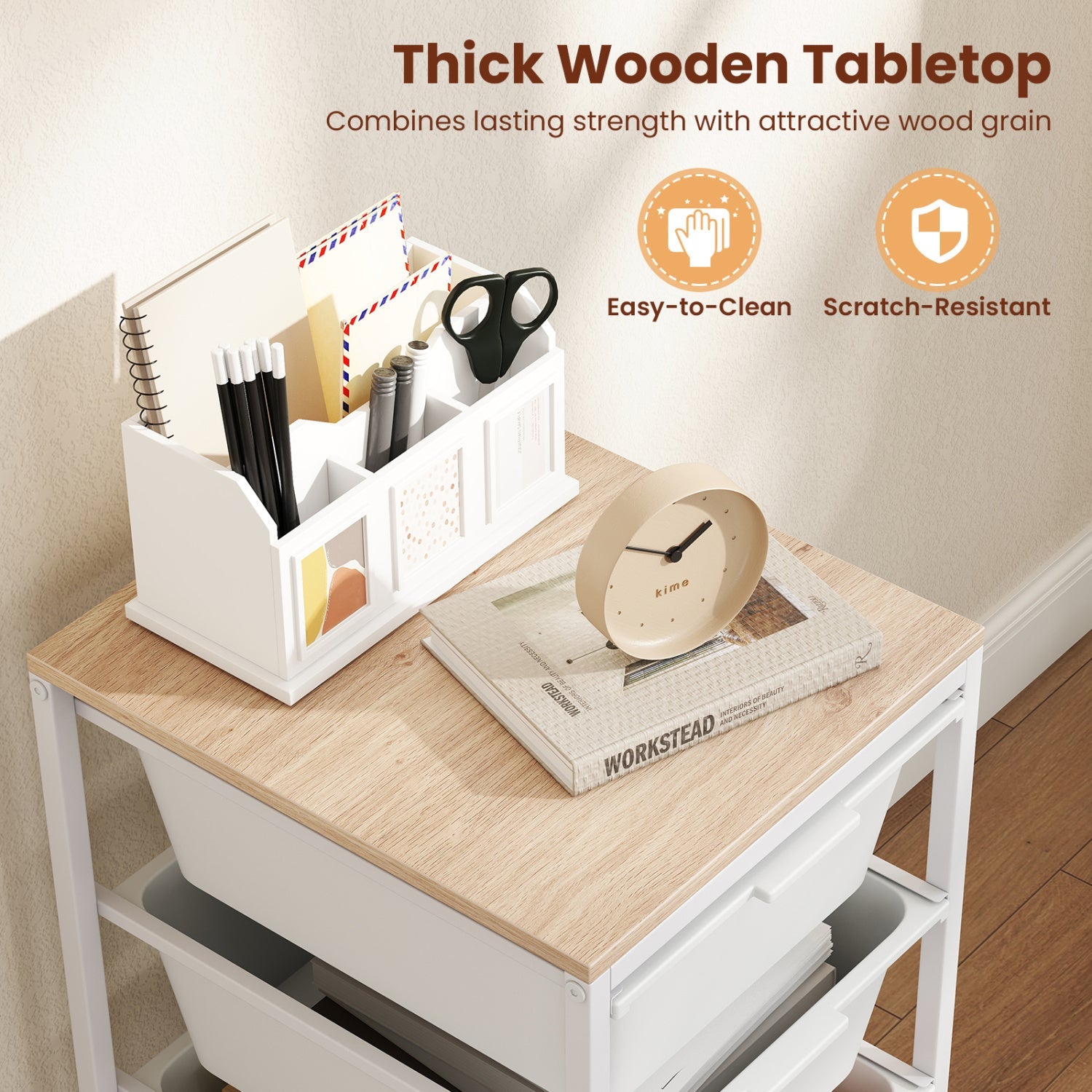 5-Drawer Rolling Storage Cart Mobile Utility Organizer with Wooden Tabletop and Lockable Wheels-White