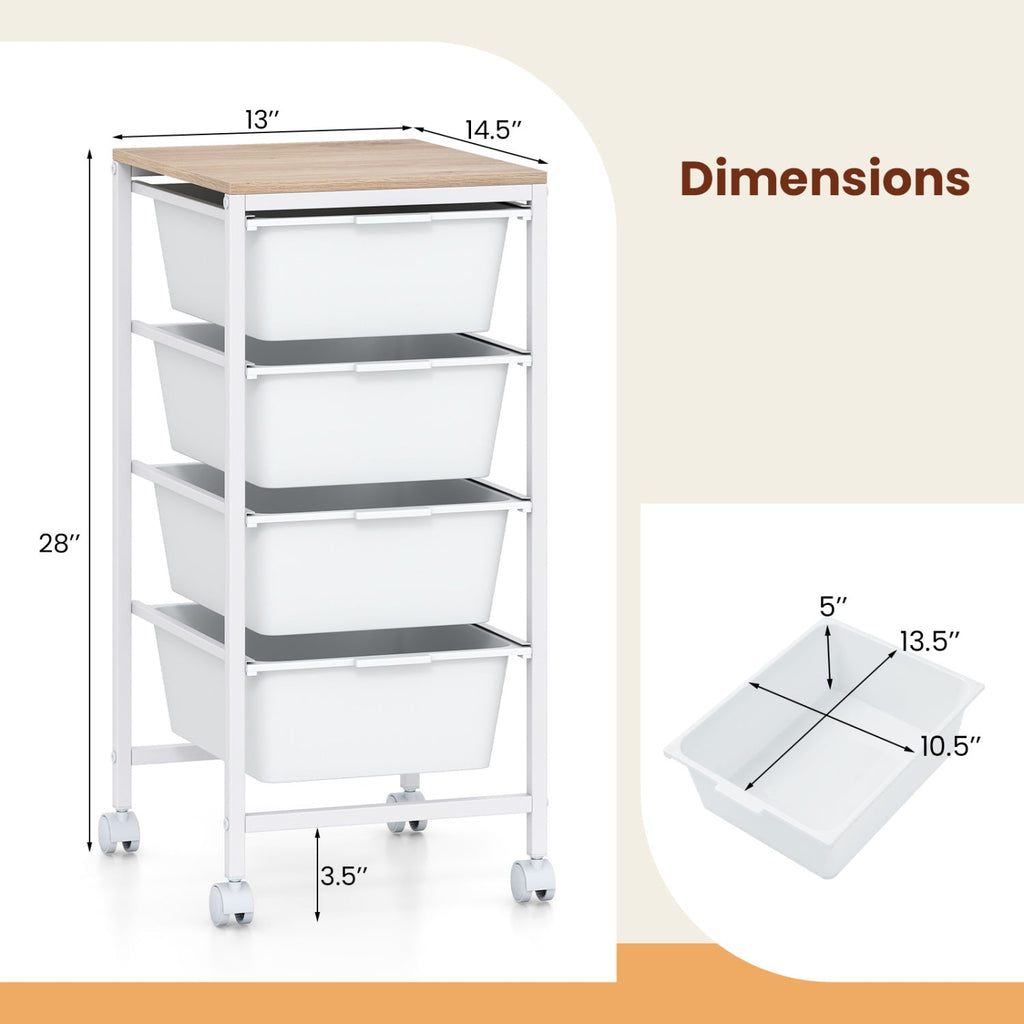 5-Drawer Rolling Storage Cart Mobile Utility Organizer with Wooden Tabletop and Lockable Wheels-White