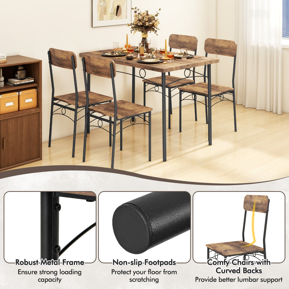5-Piece Industrial Dining Table Set for 4 for Small Place Apartment-Brown