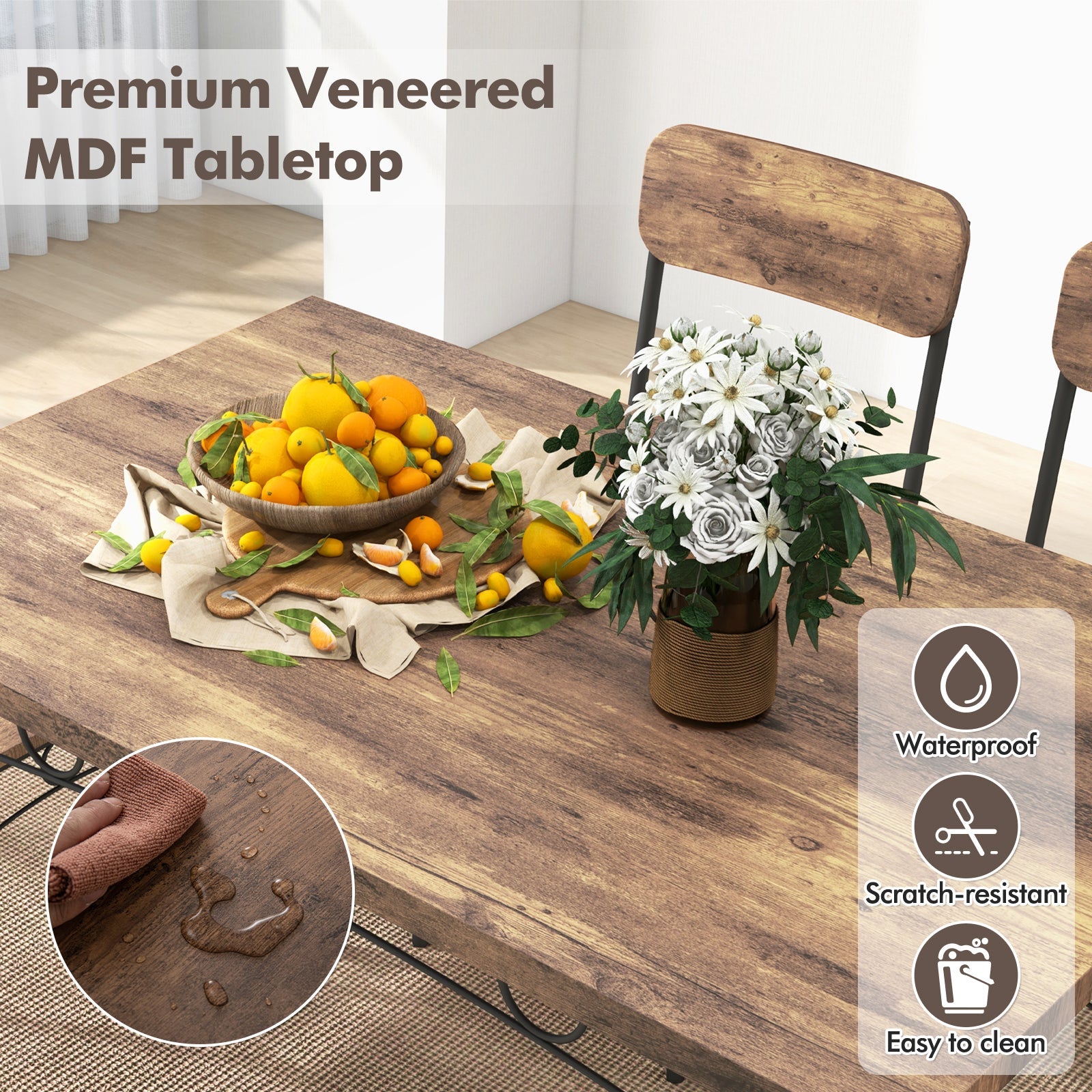 5-Piece Industrial Dining Table Set for 4 for Small Place Apartment-Brown
