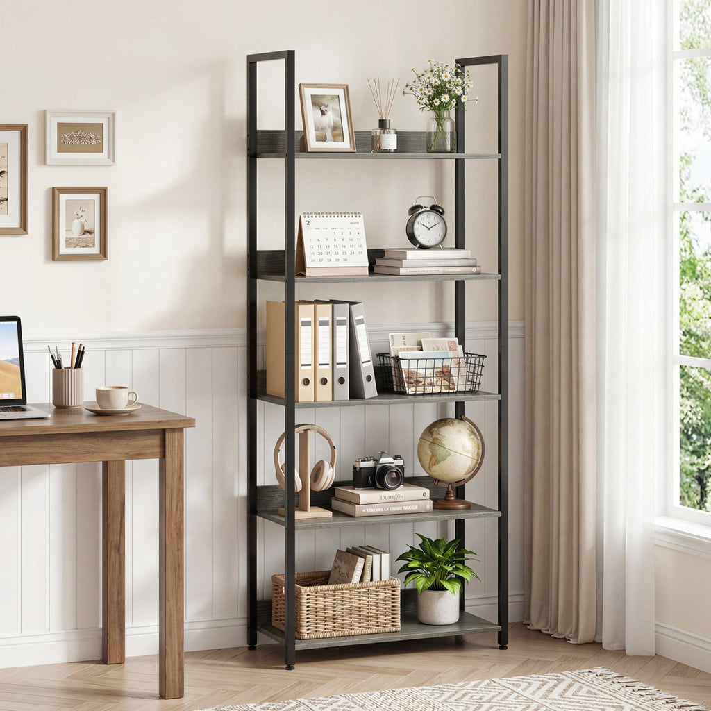 5-Tier Bookshelf Tall Wooden Open Bookcase with Back Panels