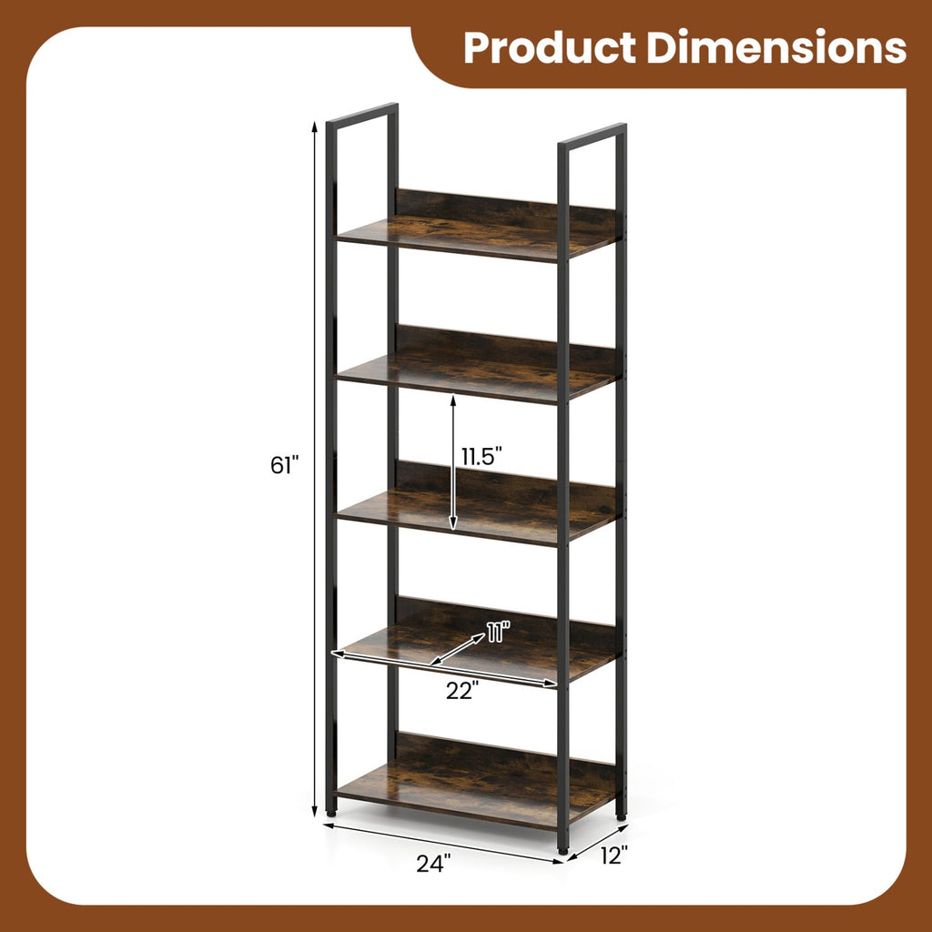 5-Tier Bookshelf Tall Wooden Open Bookcase with Back Panels
