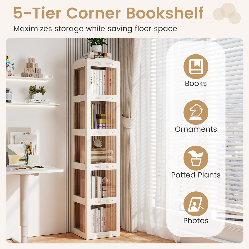 5-Tier Foldable Rotating Bookshelf 360¬∞ Spinning Bookcase with Swivel Base-White
