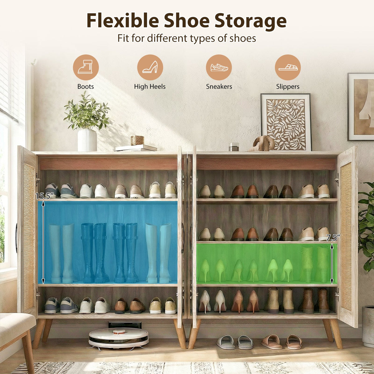 5-Tier Rattan Shoe Cabinewith 3 Removable Shelves