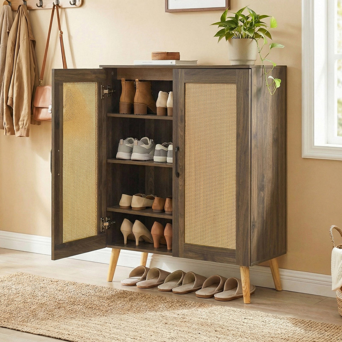 5-Tier Rattan Shoe Cabinewith 3 Removable Shelves