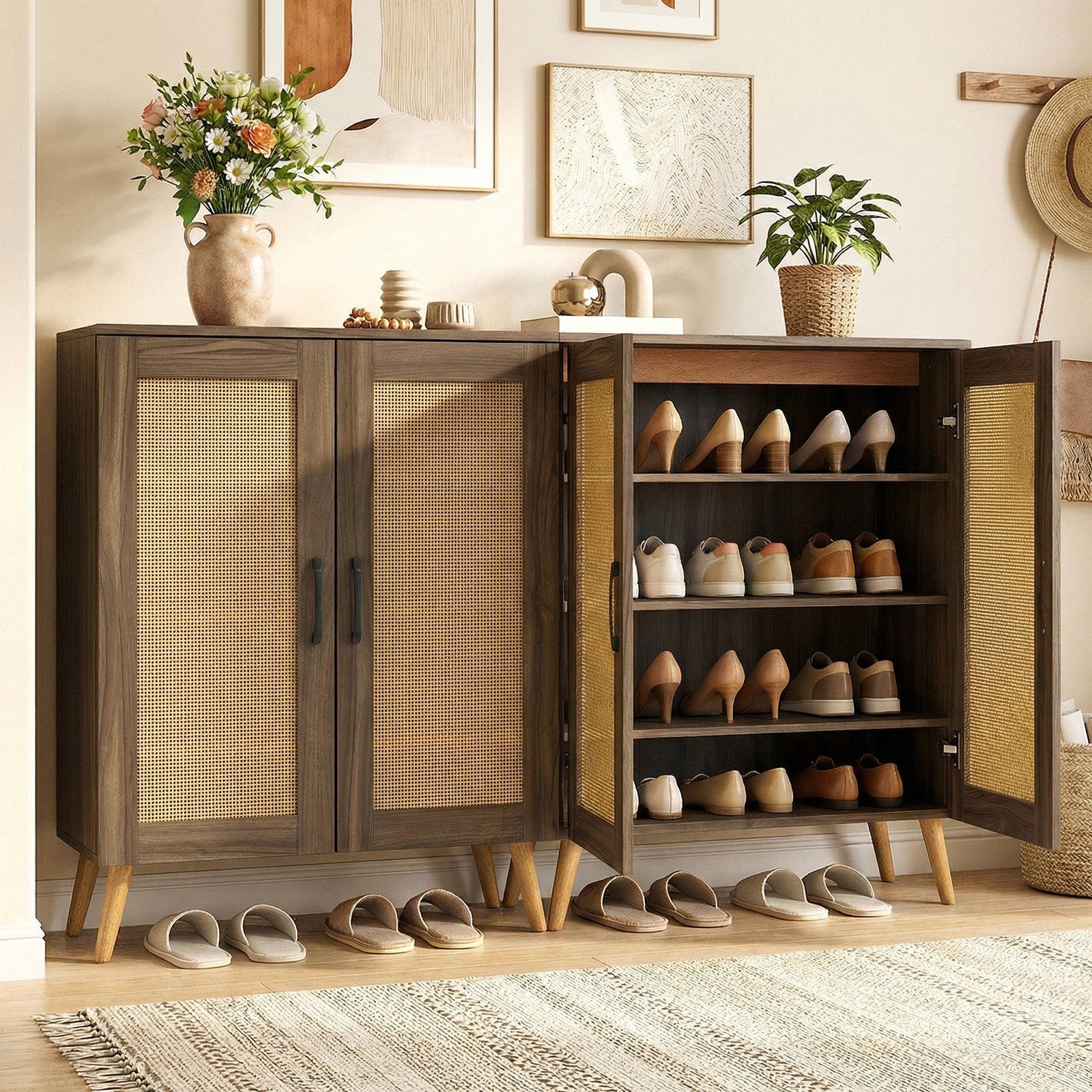 5-Tier Rattan Shoe Cabinewith 3 Removable Shelves